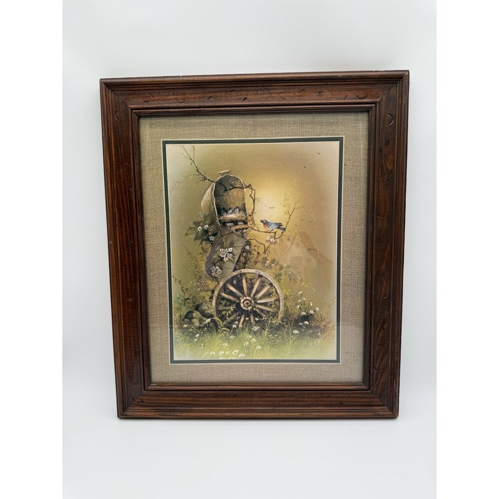 Home Interior Momma Blue Bird & Babies In Mailbox Nesting Wagon Wheel Framed VTG